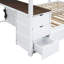 Lit superposé double avec lit gigogne simple, rangement et bureau, blanc et noyer