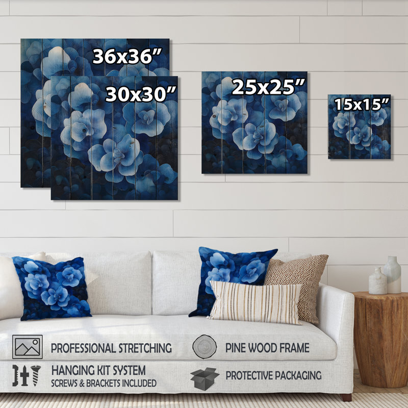 Hydrangées bleues et blanches, hortensias Soundwave - décoration murale en bois d'hortensias - sur bois de pin naturel