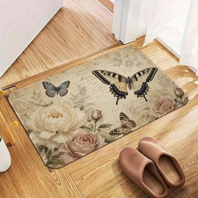 Vintage Butterfly Floral Flannel Floor Mat, Non Slip Washable Rug for Kitchen Entryway Home Decor, 20 x 32 in