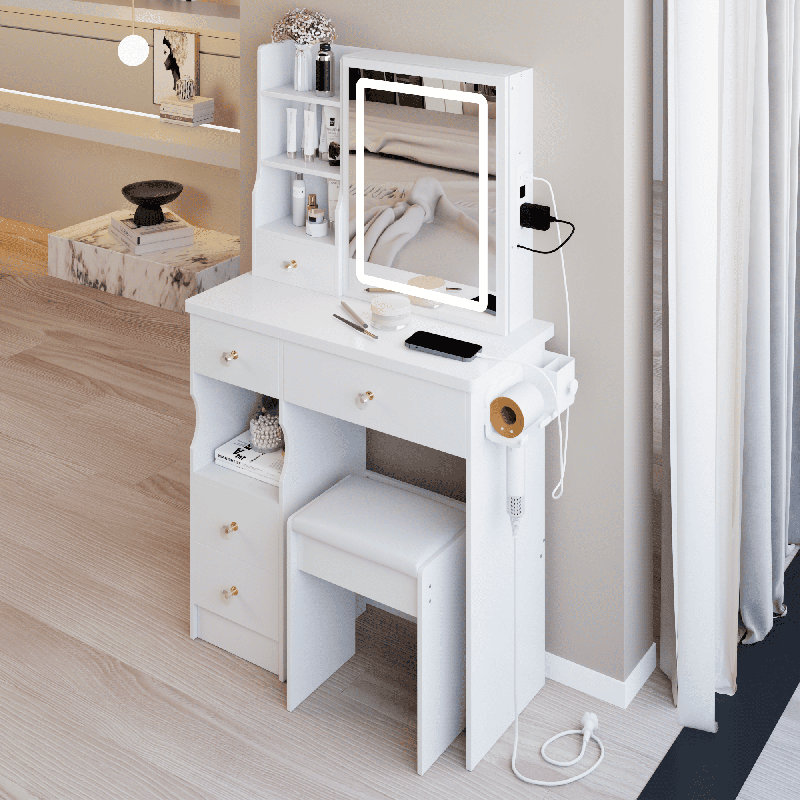 Petit meuble-lavabo de 29,2 po avec tiroir à gauche + tabouret rembourré, 2 blocs d'alimentation CA + 2 ports USB, support pour séchoir à cheveux, très grand miroir à DEL coulissant à contrôle tactile, changement de luminosité tricolore, réglage de la luminosité