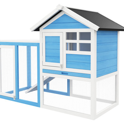 48" Rabbit House - Wooden Cage With Waterproof Roof, Blue, For Pet Rabbits Blue Asphalt Roof Protection, Build, Indoor And Outdoor, Removable Tray Hygiene