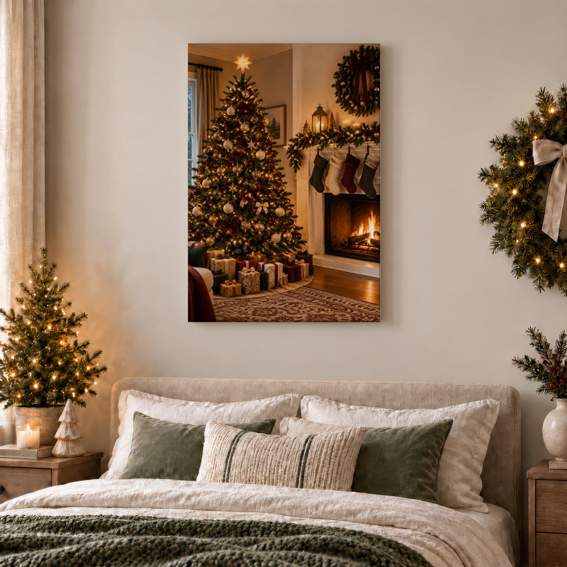 Décoration murale arbre décoré avec cheminée et bas de Noël, H 18 po x l 12 po