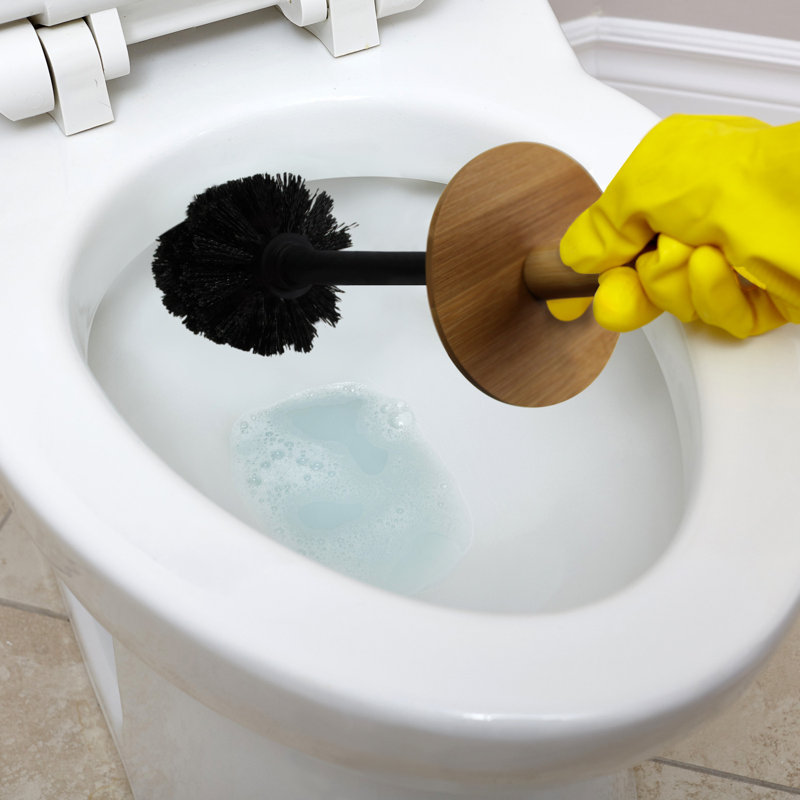 Black Bamboo Top Toilet Brush Holder with Heavy Duty Bristles