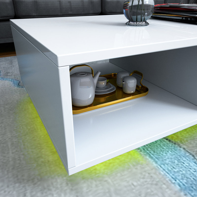 Nelliston LED Coffee Table with Drawer, White, 15.7"H x 23.6"L x 43.3"W