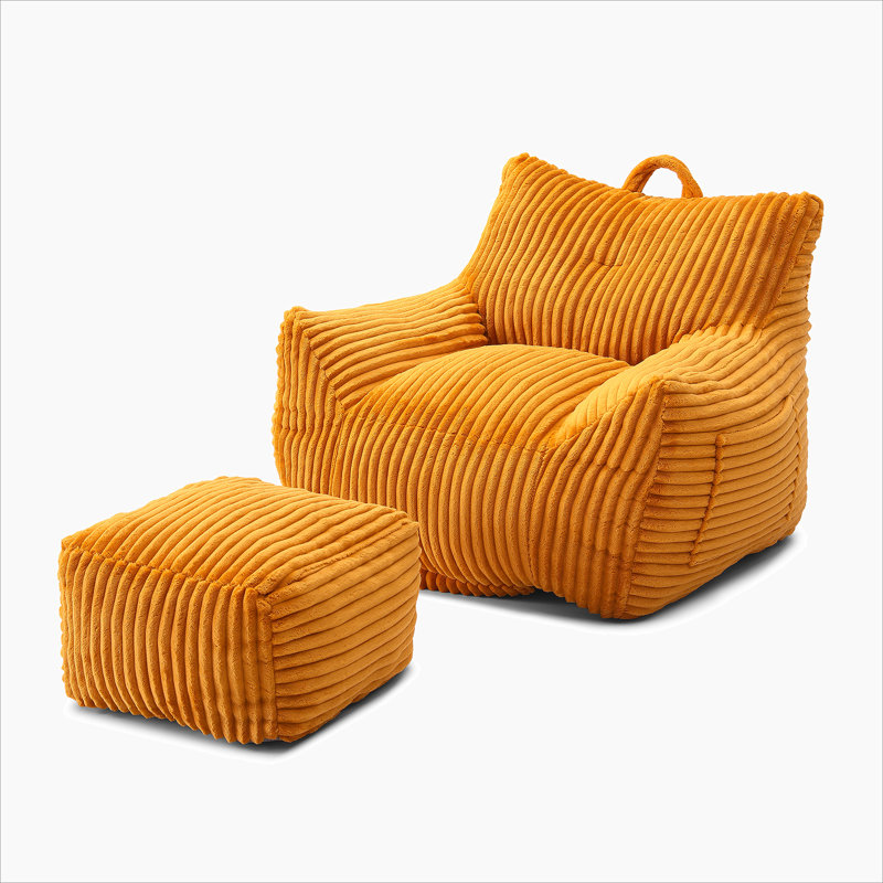 Corduroy Bean Bag Chair With Ottoman,Comfy Foam Large Lazy Sofa, Yellow