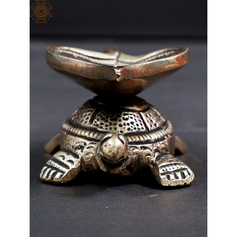 3-Inch Handcrafted Brass Turtle & Pipal Leaf Oil Lamp, Small Diya for Vastu & Spiritual Decor