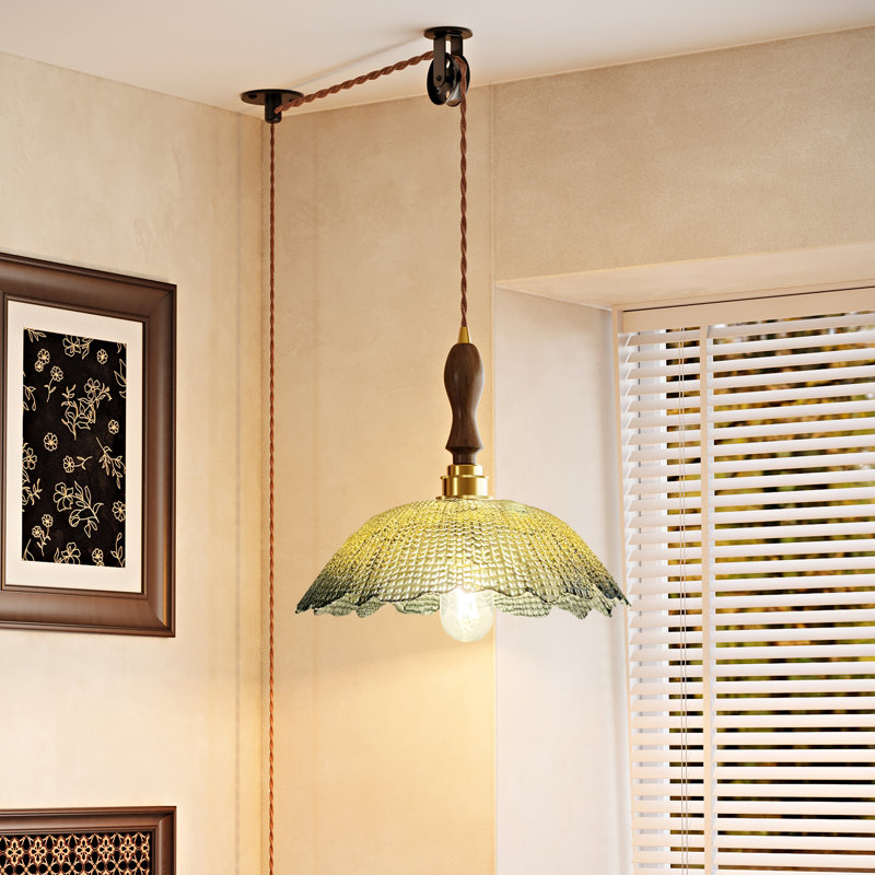 1-Light Plug-In Pendant Light With Scalloped Textured Glass Shade