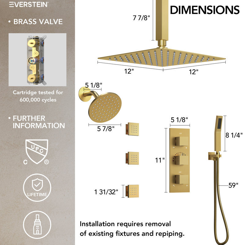 Thermostatic Dual Showerheads System, Ceiling Mount 12" High-Pressure Rainfall Shower Faucet with Handheld Spray and Body Jet