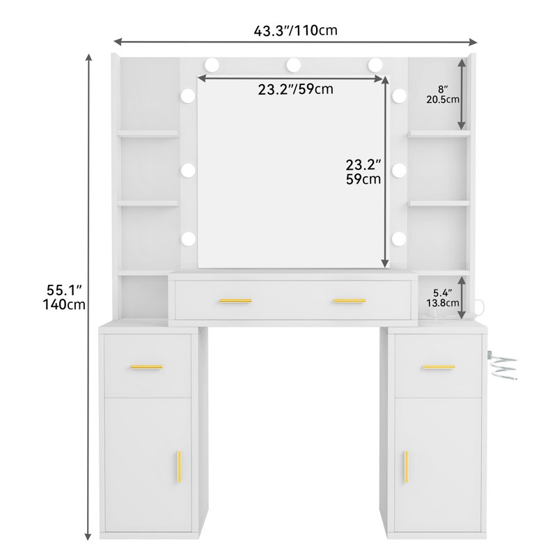 Venette Vanity with Built-In Outlets and Lighted Mirror, White
