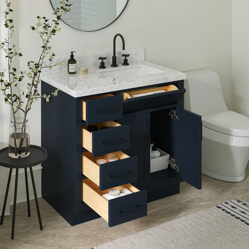 Meuble-lavabo simple en bois massif 36 po Tidworth avec plateau en marbre de Carrare 1,5 po, Oui, Forme rectangulaire