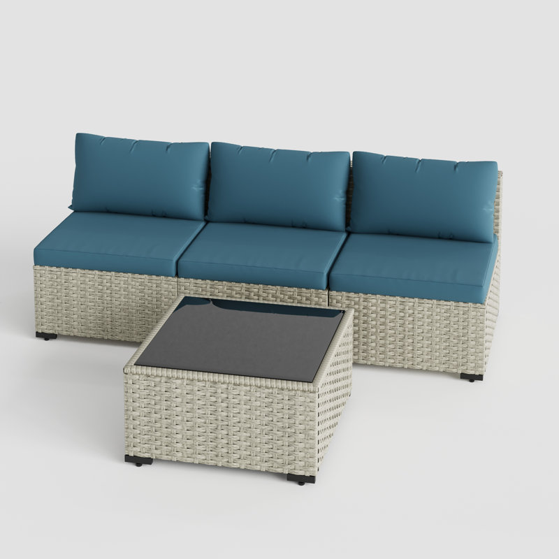 Canapé de patio en rotin design 3 pièces avec table basse, Bleu paon