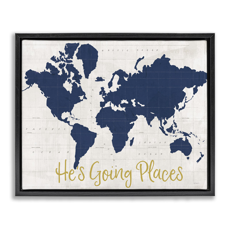 "Going places Boy's Map", art mural sur toile flottante noire par Sue Schlabach, Cadre flottant noir de jais