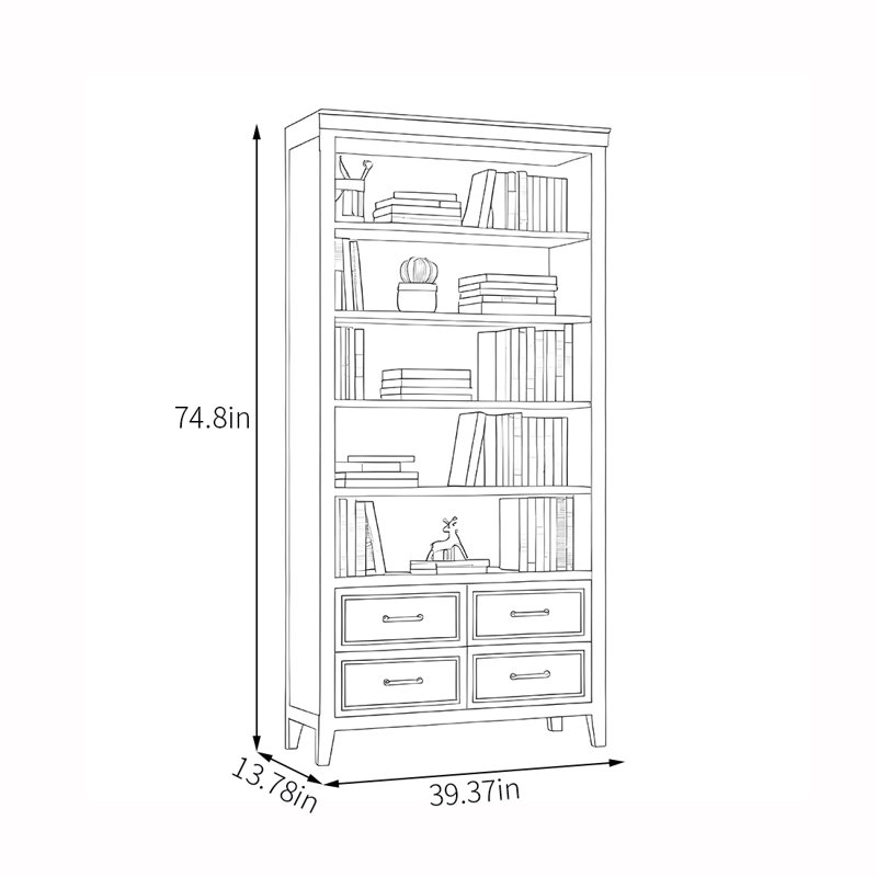 Bibliothèque de rangement multifonctionnelle, (5 tablettes) H 74,8 po x l 39,37 po x P 13,78 po