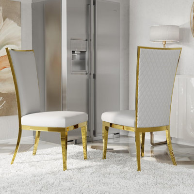 Chaises de salle à manger de luxe à haut dossier en cuir blanc avec pieds dorés polis