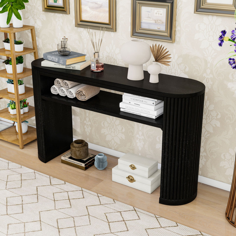 Wooden Console Table with Fluted Legs and Shelf, Black