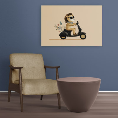 Cool Lion Scooter Ride Modern Playful Retro Lion Flower Wall Art Print 1 Piece Wrapped Canvas Wall Art