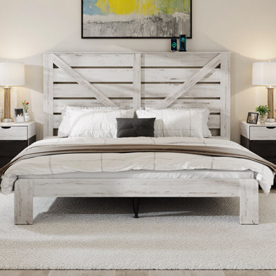 Structure de lit plateforme 84 po avec tête de lit de style industriel en bois et en métal, support de 800 lb, lattes silencieuses, rangement sous le lit de 12 po, sans sommier, blanc