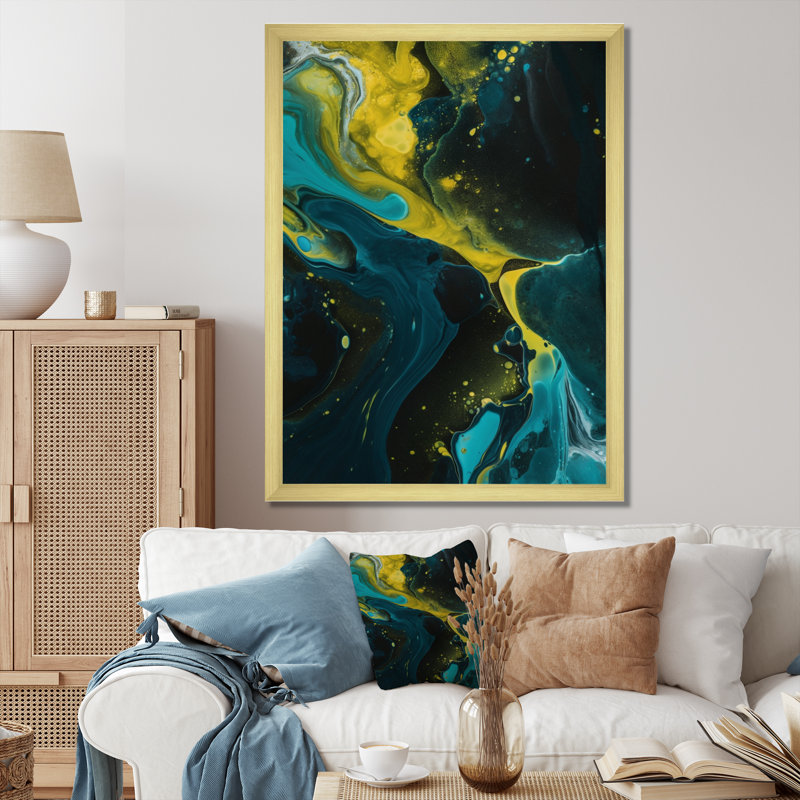 Teal And Yellow Liquid Dreams I On Canvas Print, 32" H x 24" W x 1" D, Gold Single Picture Framed
