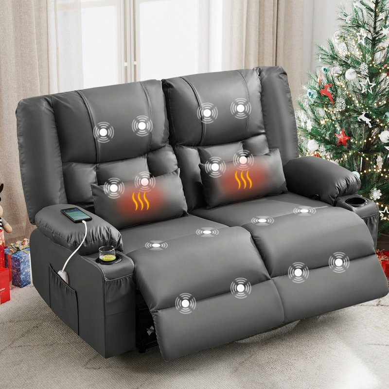 Canapé inclinable avec massage et chauffage et porte-gobelets et poche latérale, Gray Faux Leather
