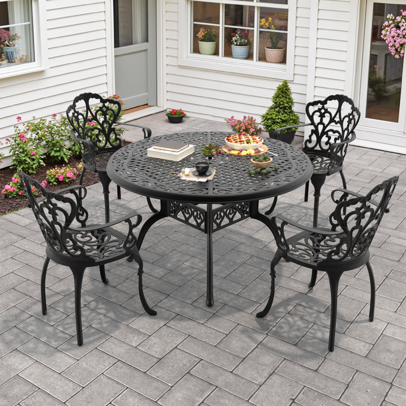 Shelese 48.03 -inch Round Table Cast Aluminum Outdoor Dining Set with Umbrella Hole and Beige Cushions, 4