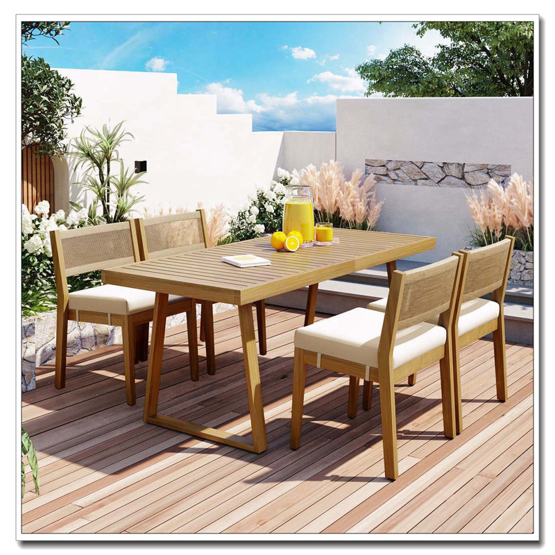 Ensemble repas 7 pièces d'extérieur en bois d'acacia avec coussins épais , Beige