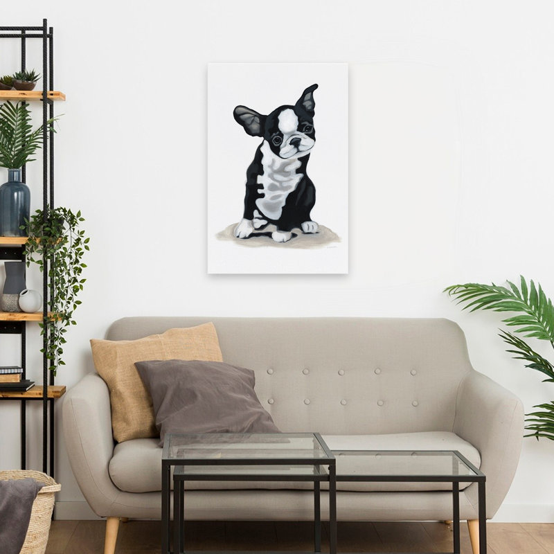 Chiot roule, animal contemporain, chien blanc et noir, bouledogue français, H 24 po x l 16 po