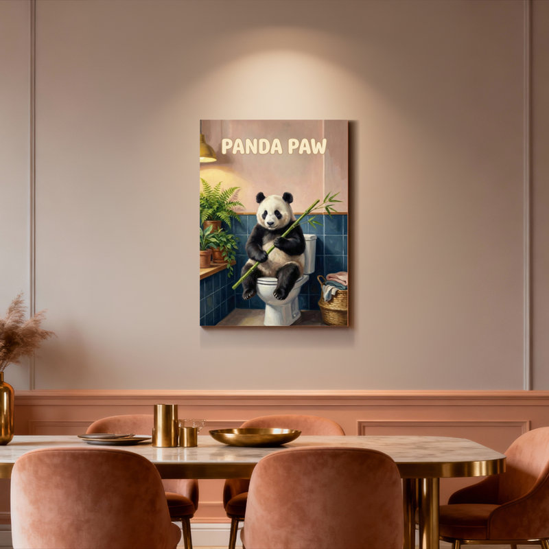 Panda assis sur la toilette, toile de bambou tendue sur toile, ensemble de 1, H 24 po x l 16 po