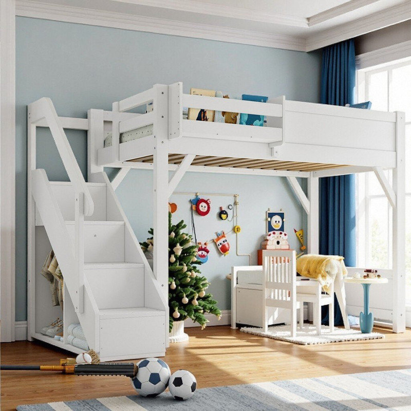 Lit mezzanine double en bois massif Unarosel avec garde-robe intégré, tablettes et escaliers, Lit simple, Blanc clair