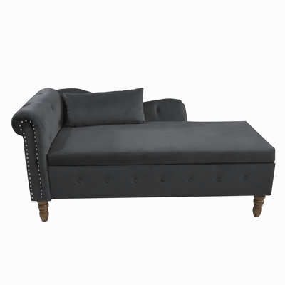 Méridienne noire pour l'intérieur, fauteuil en velours pour la chambre à coucher avec rangement et oreiller, salon moderne rembourré à accoudoirs roulés pour dormir avec garniture cloutée pour le bureau du salon