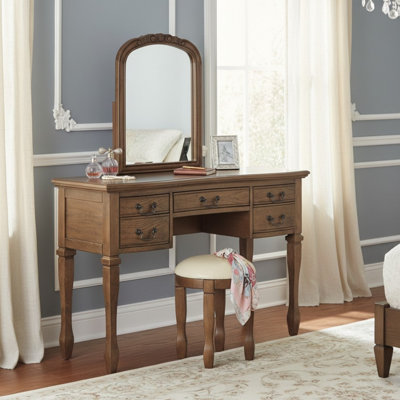 46" Makeup Vanity Set With Stool, Curved Floral Mirror, Wood, 5 Drawers Storage, Vintage, Bedroom Dressing Area