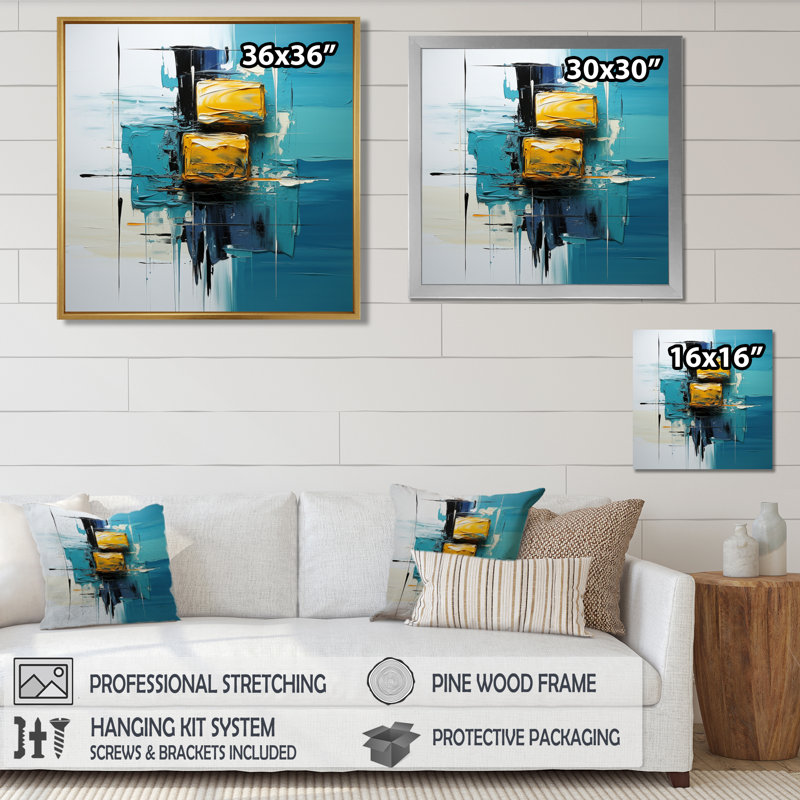 «Ebullient pensé jaune moutarde sur fond bleu», art mural abstrait, H 16 po x l 16 po, Wrapped Canvas