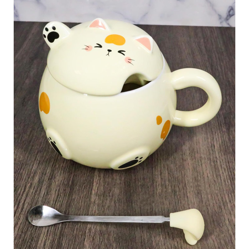 Grande tasse à chat fantaisiste jaune félin avec couvercle et cuillère