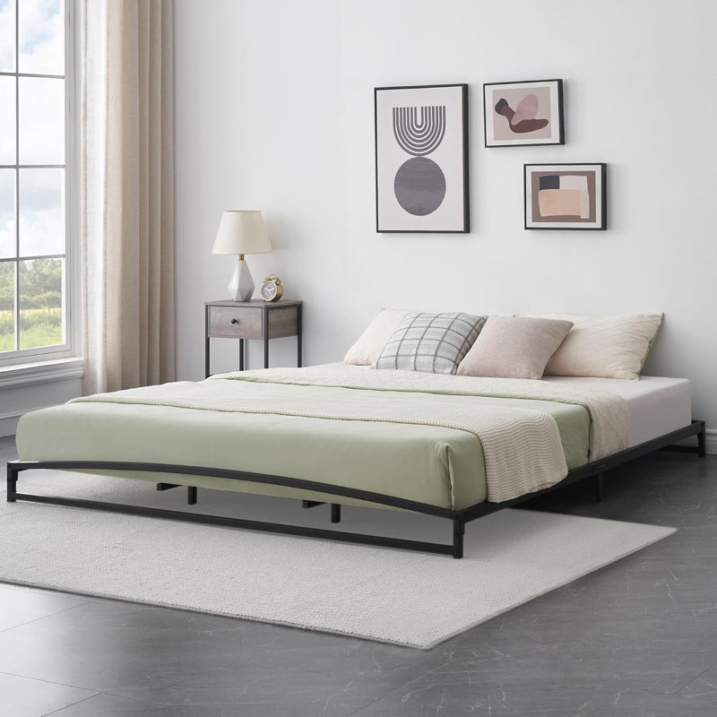 King Size Bed Frame with Steel Slat Support, Noise-Free, Manual Base for Most Mattresses, Black, KING