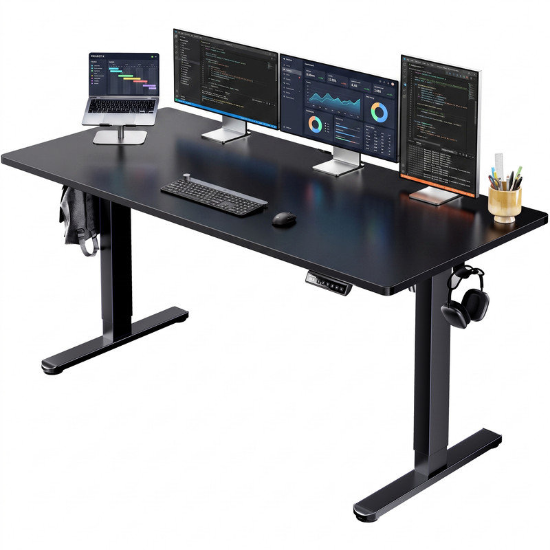 Bureau assis-debout électrique réglable en hauteur avec gestion des câbles, positions mémorisables et crochet, noir, Black