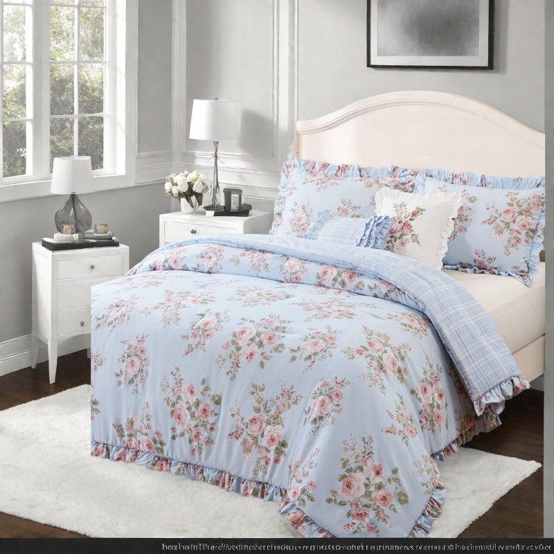 Ensemble de literie pour très grand lit, édredon en microfibre à motif floral bleu, chambre de style chalet