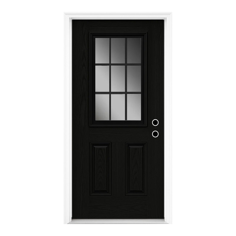 Porte d'entrée noire en fibre de verre à grain de bois 36 po x 80 po avec verre d'intimité givré