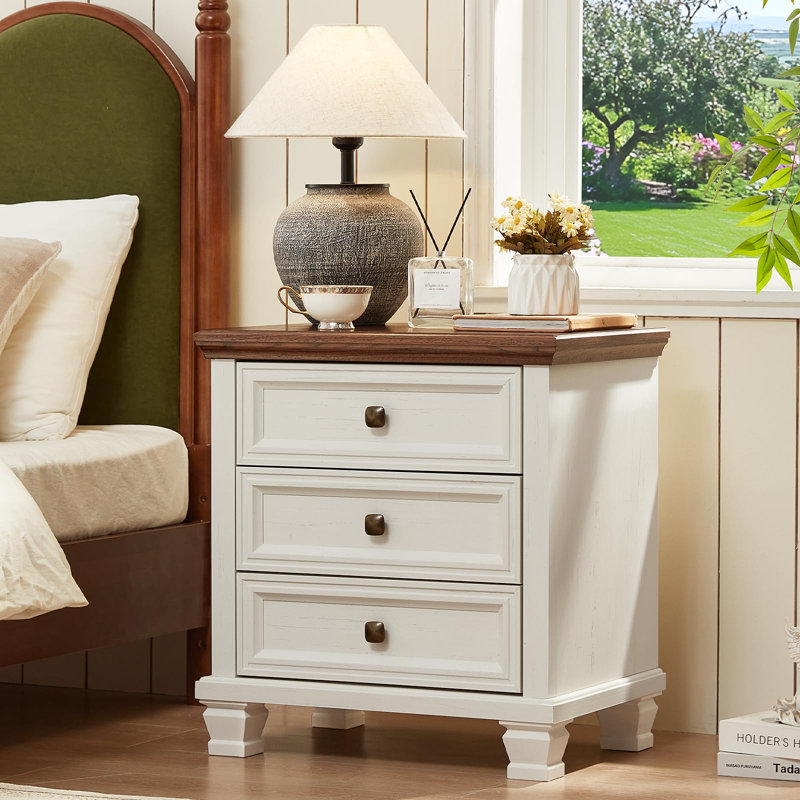 Farmhouse Nightstand with 3 Drawers, Rustic Couch End Table with 4 Square Solid Wood Legs, Mid-Century Modern Bed Side Table with Storage, Small Dresser for Bedroom, Living Room (White)