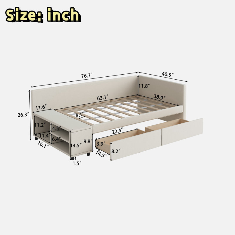 L-shaped Velvet Upholstered Platform Bed With Built-in Side Storage And 2 Drawers, Beige