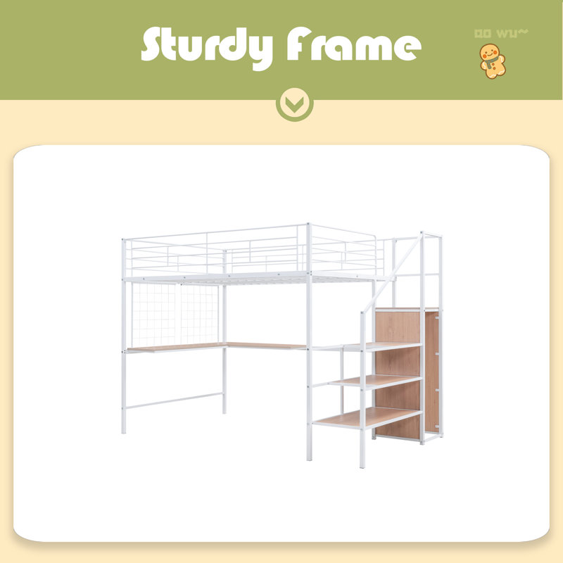 Full Size Metal Loft Bed With Desk And Metal Grid, White