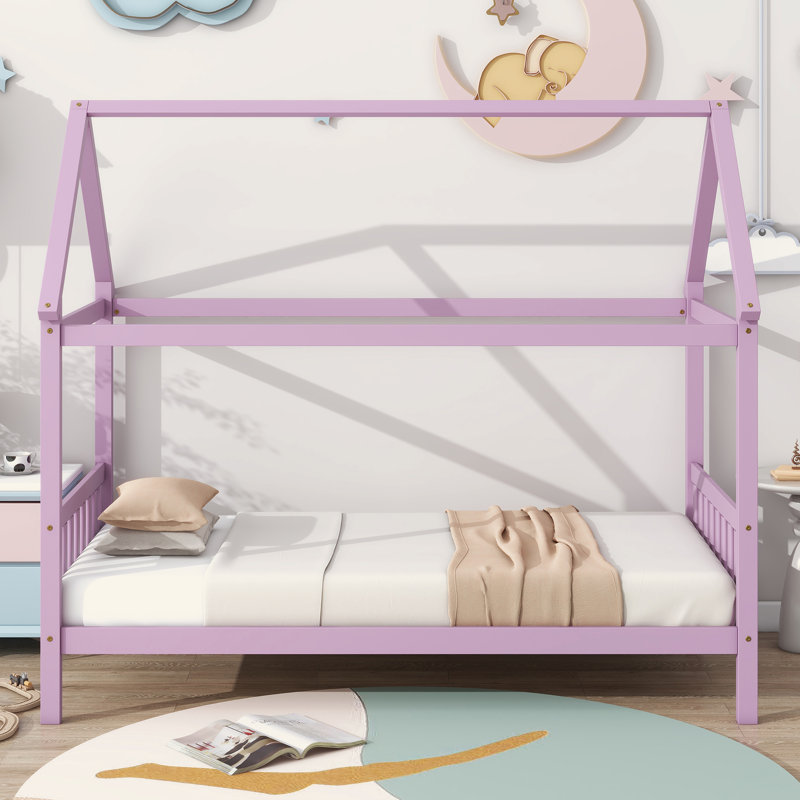 House Bed With Headboard And Footboard, Twin Rubber Wood Bed With House Frame, Pink