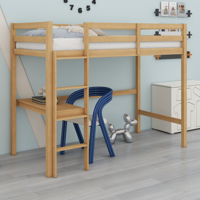 Twin High Loft Bed, Rubber Wood Loft Bed With Safety Guardrail, Built-In Desk, Ladder, White Oak