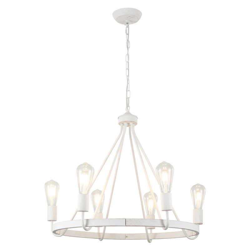 Dimmable Wagon Wheel Chandelier Farmhouse Round Vintage Candle Style Light for Living Room, Foyer, Entryway, Distressed White