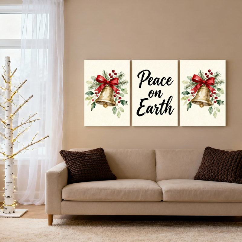 «Christmas Bell and Holly», reproduction d'art sur toile tendue à l'aquarelle, paix sur terre (ensemble de 3)