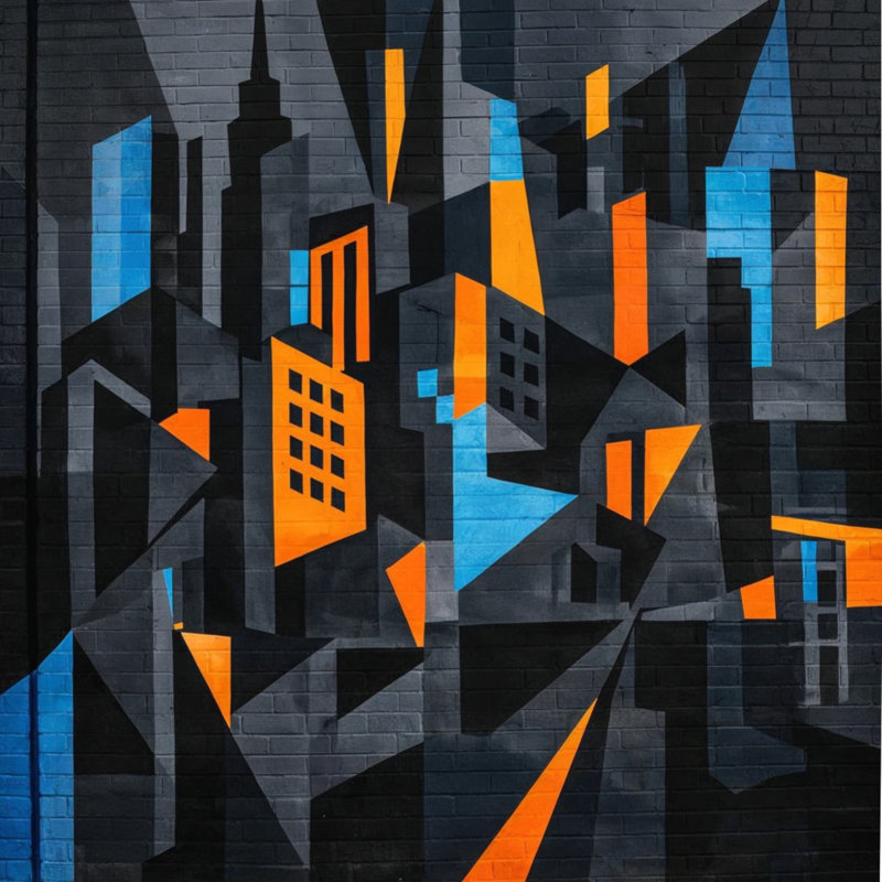 Abstract Cityscape Mural Comforter, Queen, Bright and Orange Dark Blue