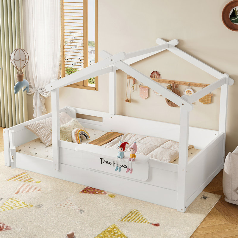 Floor Bed With Guardrails And Roof, Twin, White