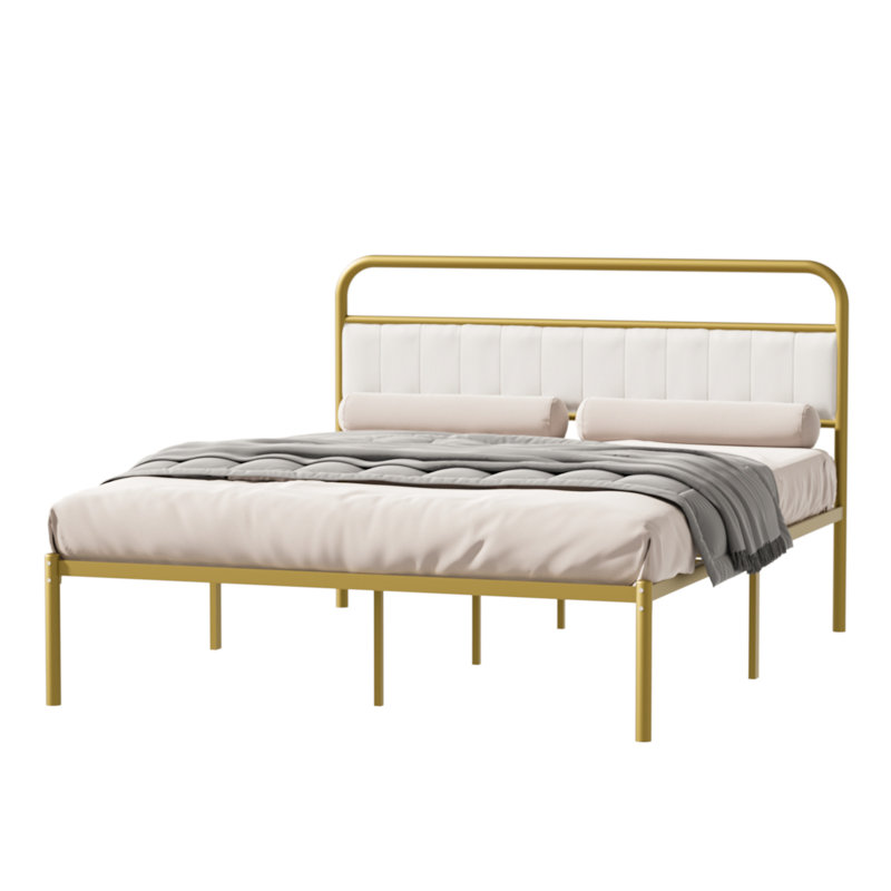 Structure de lit en métal et acier avec tête de lit tapissier moderne (grand) - beige et doré