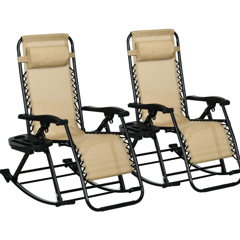 2 chaises berçantes à gravité zéro, fauteuil inclinable d'extérieur pliable avec coussin, porte-gobelet et support pour téléphone, beige, sièges d'extérieur en acier, fauteuil inclinable robuste, sans assemblage