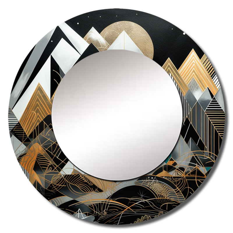 Philisa, harmonie géométrique noire et dorée - grand miroir de ville, décor de miroir mural rond noir unique, impression d'art en métal