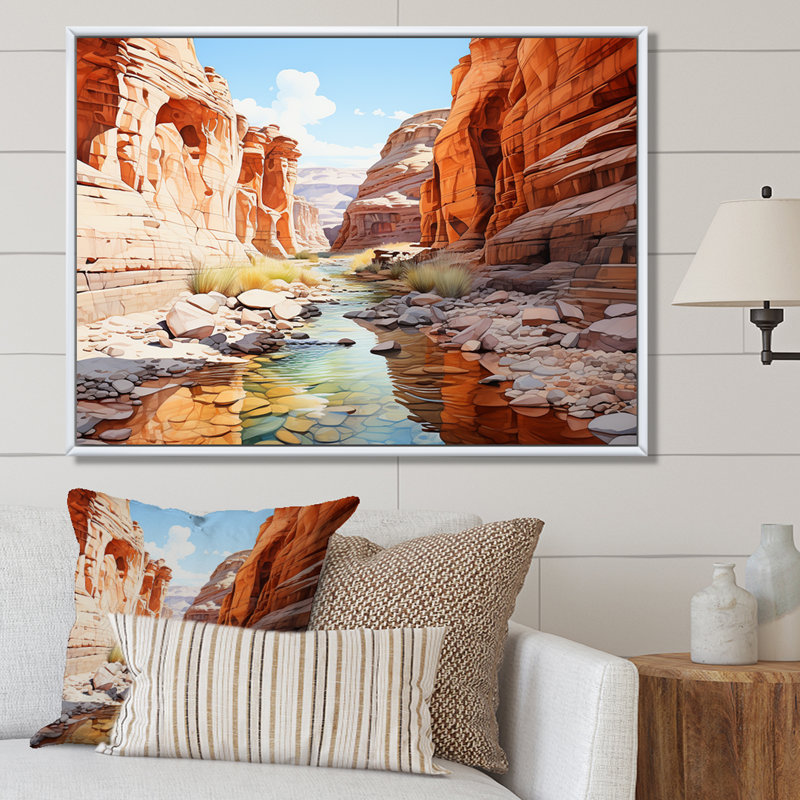 «River By The Canyon Landscape», reproduction sur toile, Cadre naturel flottant, H 24 po x l 32 po x P 1 po