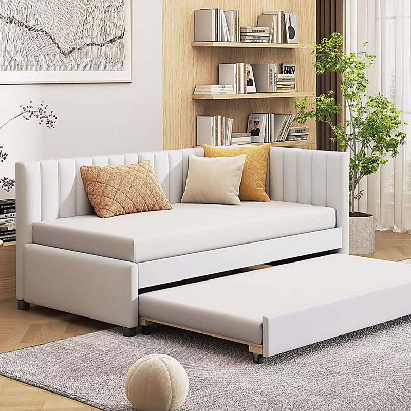Lit de jour rembourré avec lit gigogne Canapé-lit simple sans sommier, tissu en lin (beige), Lit simple, Beige